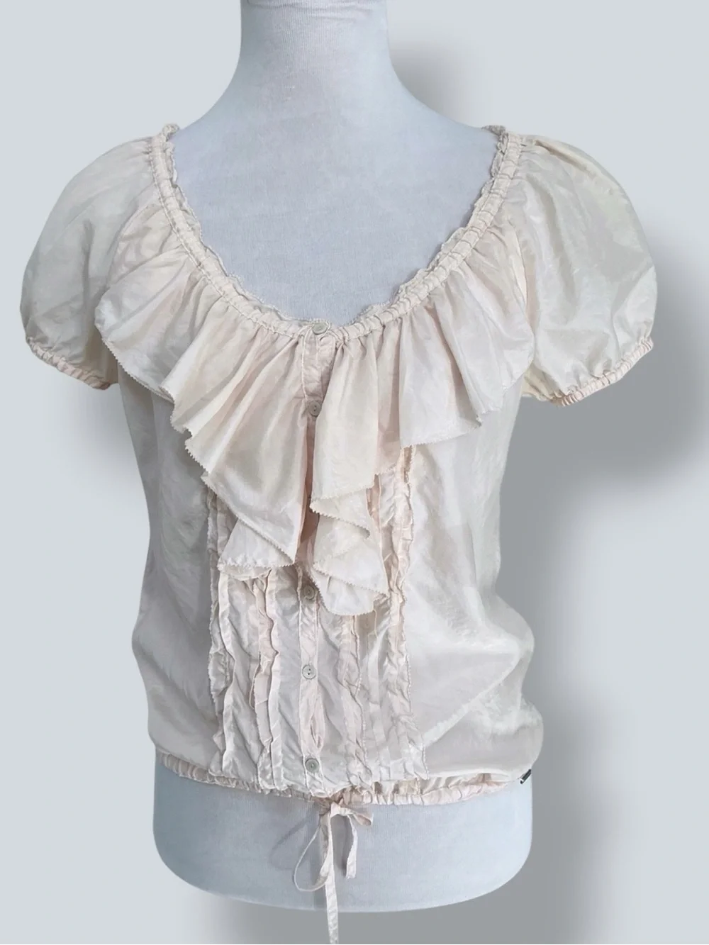 Abercrombie Fitch Silk Vintage Top Tucked Ruffle Puff Sleeves Pink Peach Medium